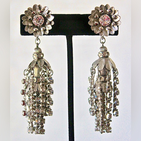 NAPIER RUNWAY EARRINGS ANTIQUE SILVER PRONG SET CRYSTALS 3...